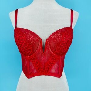 Victoria's Secret Red Floral Lace Longline Corset Bra V-Wire 36C Strapless